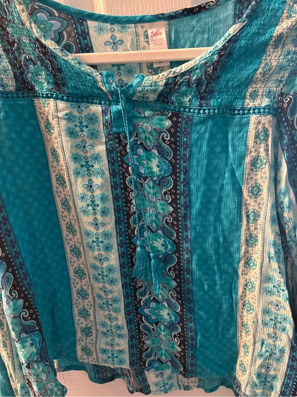 Justice Teal & Turquoise Patchwork Peasant Blouse